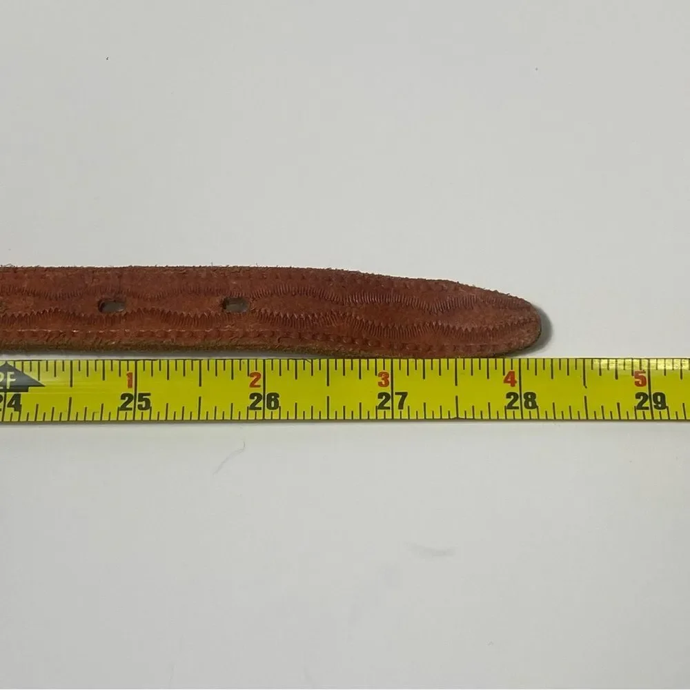 Vintage Genuine Cowhide Hand Beaded & Laced Aztec Tooled Leather Belt Size 24
